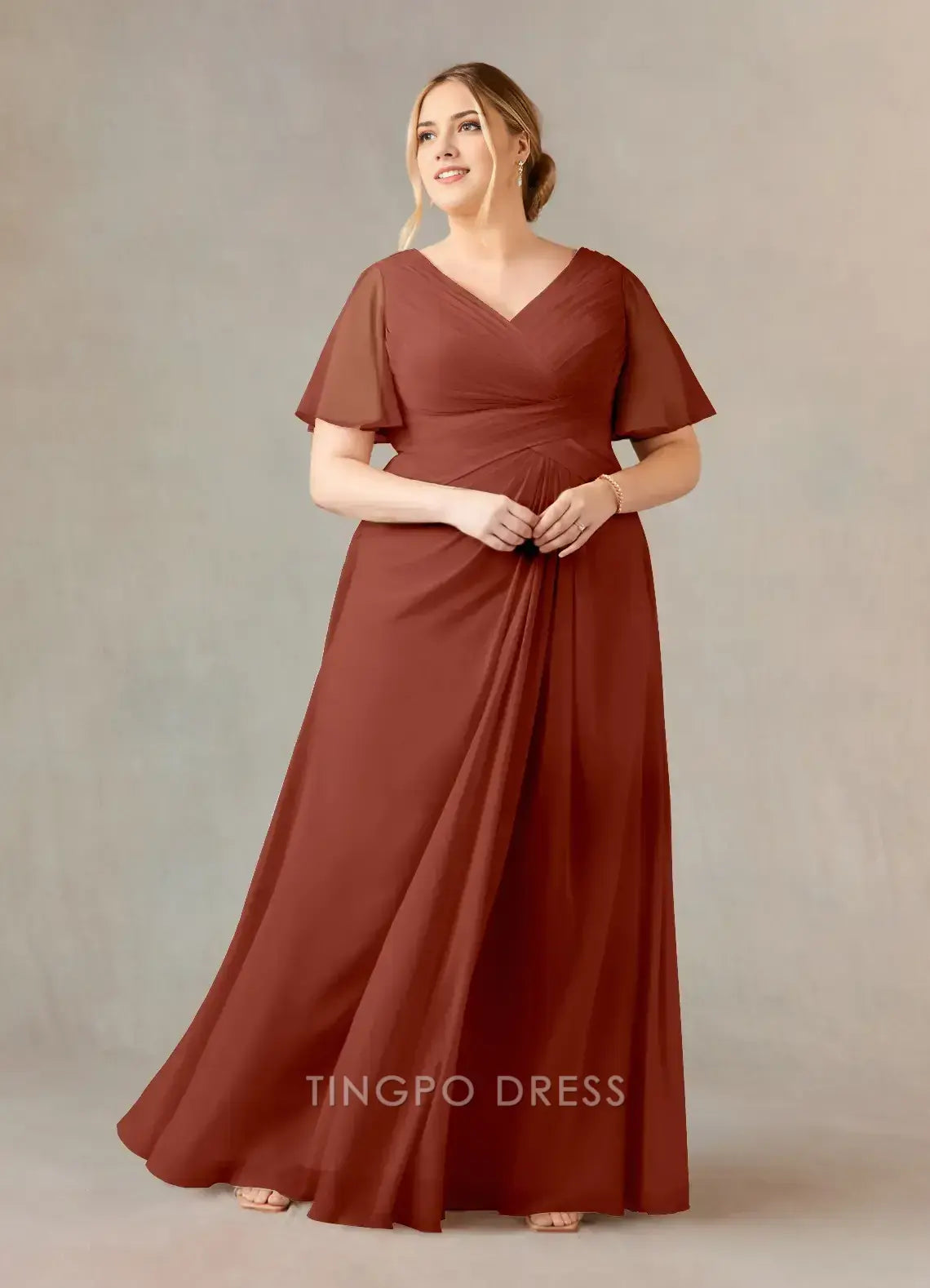 TingPo Wholesale Elegant Plus - Size V - Neck Chiffon Maxi Dress with Flutter Sleeves and Ruched Bodice for Formal Events